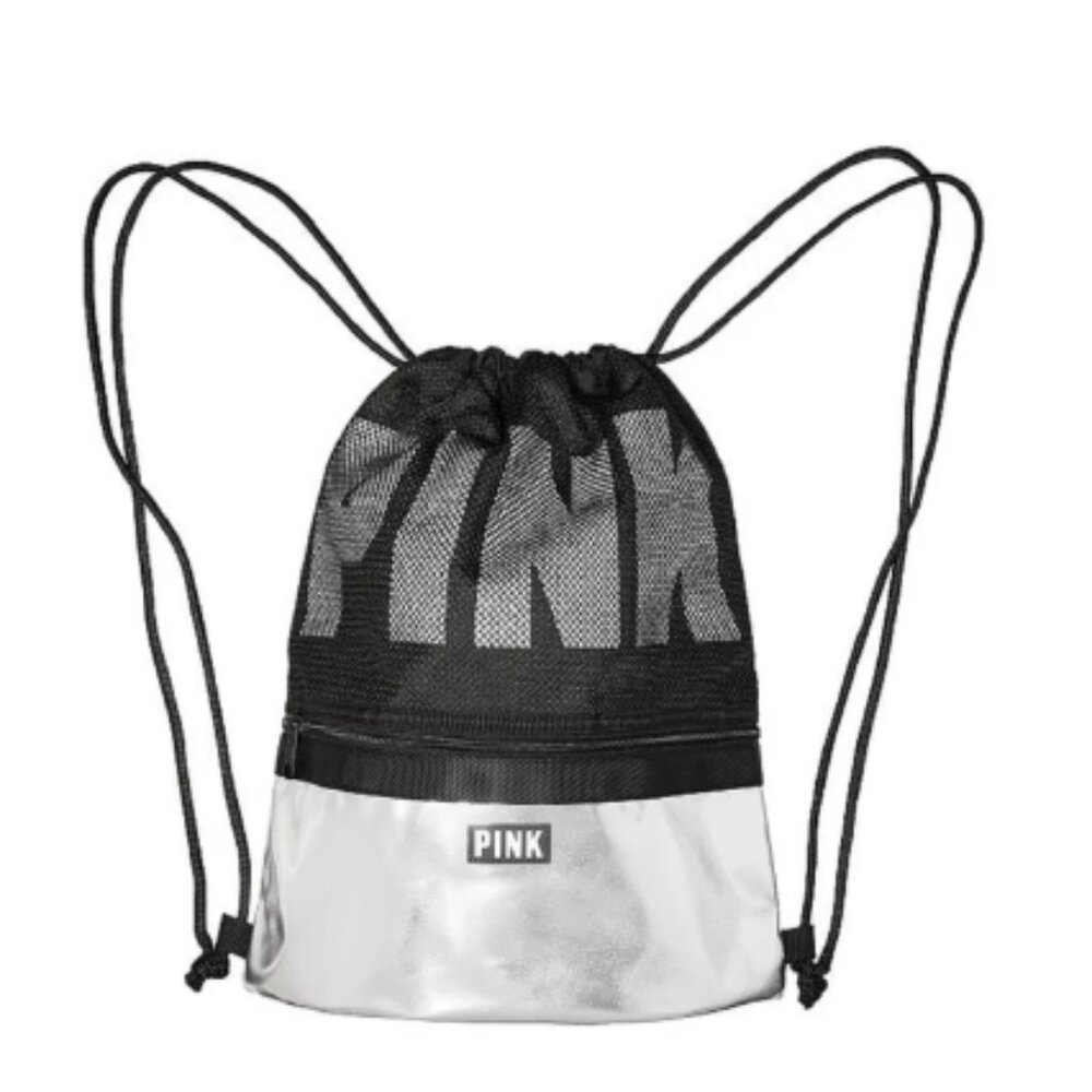 Pink Victoria's Secret‎ - Drawstring Backpack Black & Metallic Silver 5205